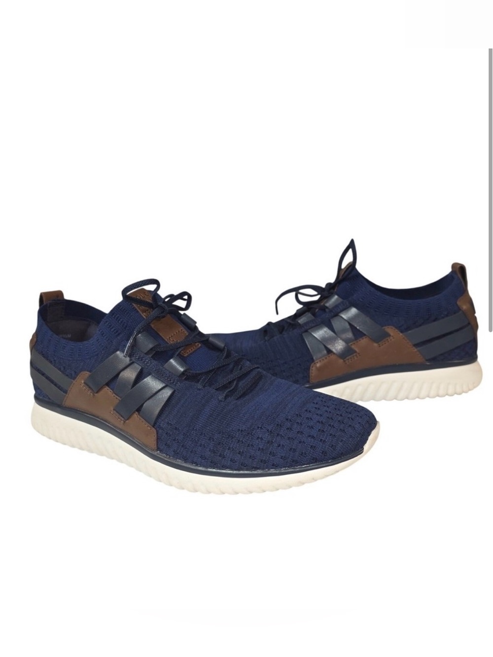 Cole Haan Grand Motion Navy Knit Slip-On Sneakers with Brown Accents